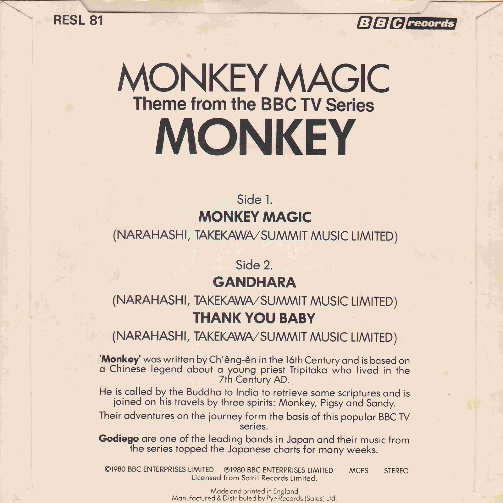 Picture of RESL 81 Monkey magic (Monkey) by artist Narahashi / Takekawa / Godiego from the BBC records and Tapes library